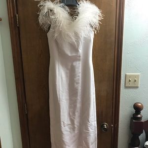 White fitted long Prom dress with feathers at top